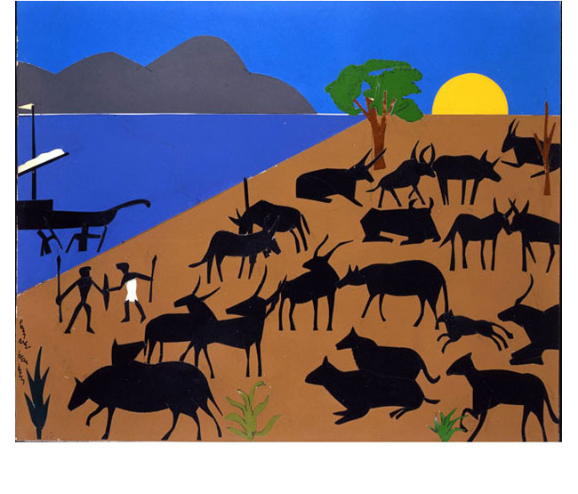 <em>Cattle of the Sun God</em>, 1977. Collage of various papers with paint and graphite on fiberboard. Art © Romare Bearden Foundation, Licensed by VAGA, New York Cattle of the Sun God, 1977