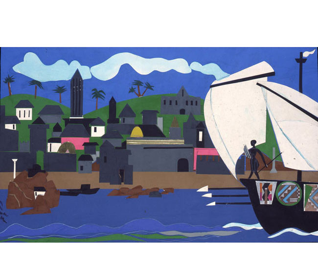 Romare Bearden. <em>Home to Ithaca</em>, 1977. Collage. Courtesy Mount Holyoke College Art Museum, South Hadley, Massachusetts. Gift of the estate of Eileen Paradis Barber (Class of 1929). Art © Romare Bearden Foundation, Licensed by VAGA, New York Home to Ithaca
