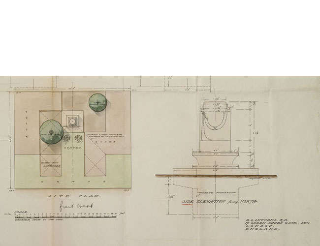 This detail from a drawing of a memorial to the English actor James Hackett illustrates one of only two structures in the United States by the renowned British architect Edwin Lutyens. The British Embassy in Washington is the other. Avery Library, Drawings & Archives, Woodlawn Cemetery Records. Lutyens Hackett Memorial