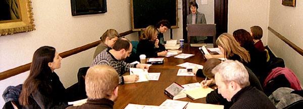 Students listen to a professor talk in a Columbia University classroom.