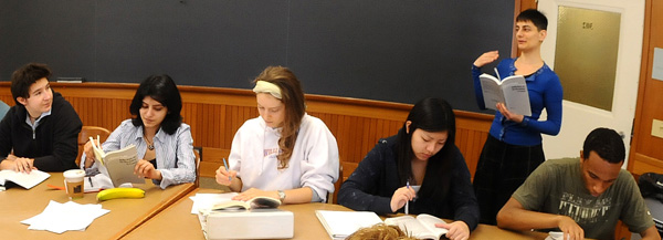 Sharon Marcus, the Orlando Harriman Professor of English, in a classroom with students.