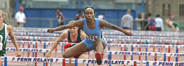 Osamuede Iyoha '08BC, shown at the 2006 Heptagonal Ivy League Championships, owns the Columbia record in the 110-meter high hurdles at 14.27 seconds