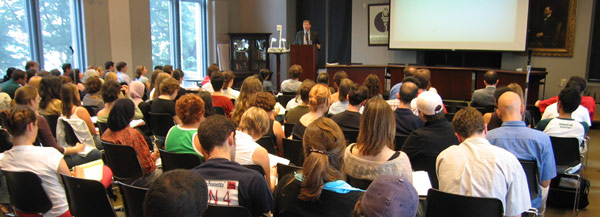 New students attend a lecture at the Graduate School of Journalism.