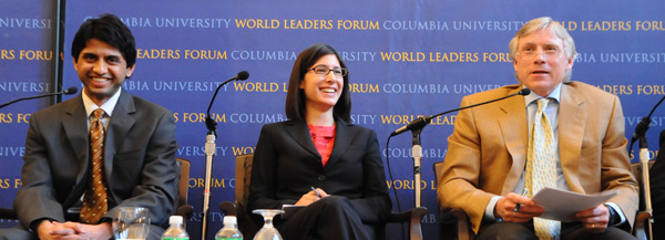 Columbia University President Lee C. Bollinger and students Sashti Balasundaram (Mailman &rsquo;08) and Melissa D'Agostino (B &rsquo;08) discuss the impact of young people at a World Leaders Forum event.