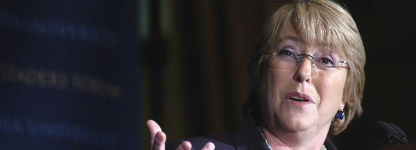 Michelle Bachelet, president of the Republic of Chile, was one of many international figures who spoke at the Columbia University World Leaders Forum Sept. 24&ndash;28.